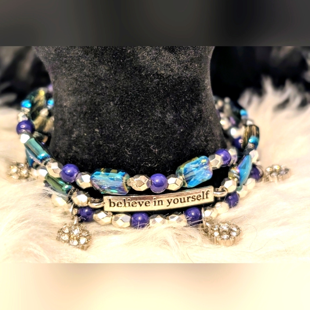Handmade "Believe in Yourself" Stacked Bracelets (3) (Rhinestone Charms)